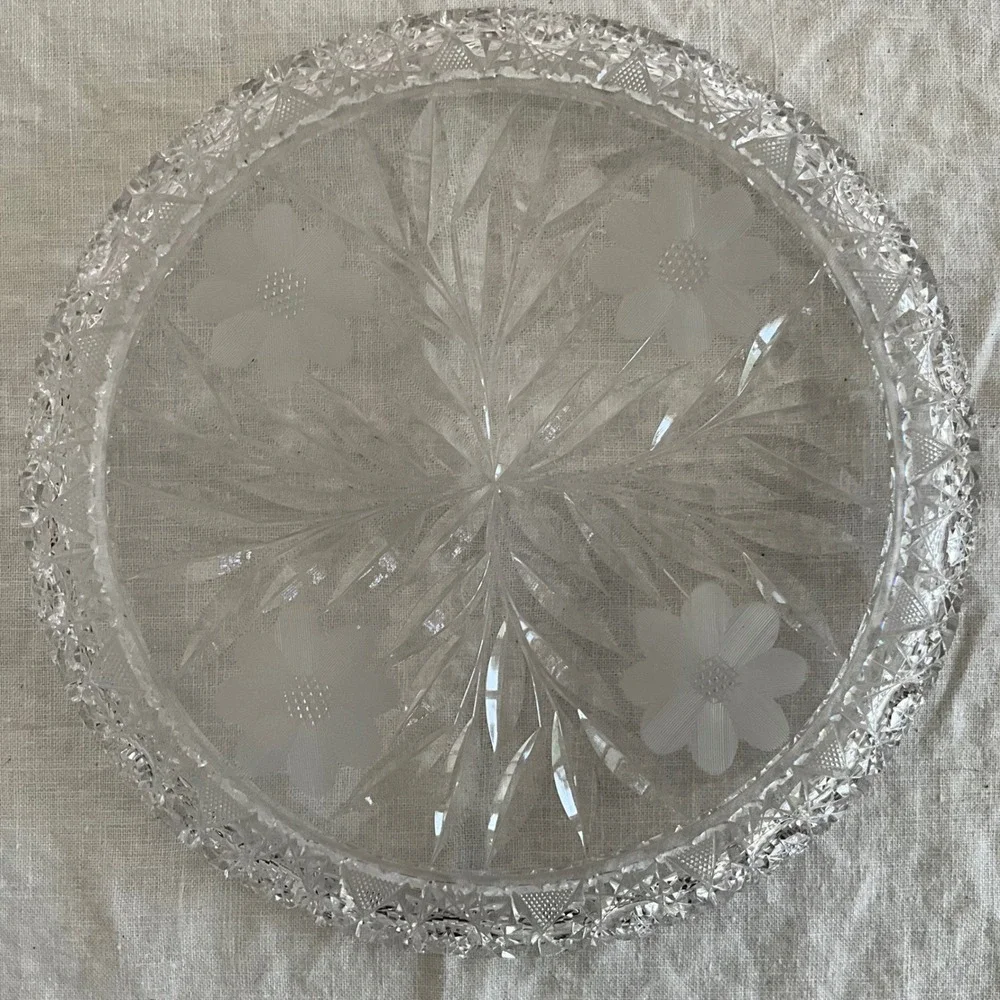 Vintage ABP American Brilliant Cut Glass Plate‎ Intaglio Hobstar Maganese Glow
